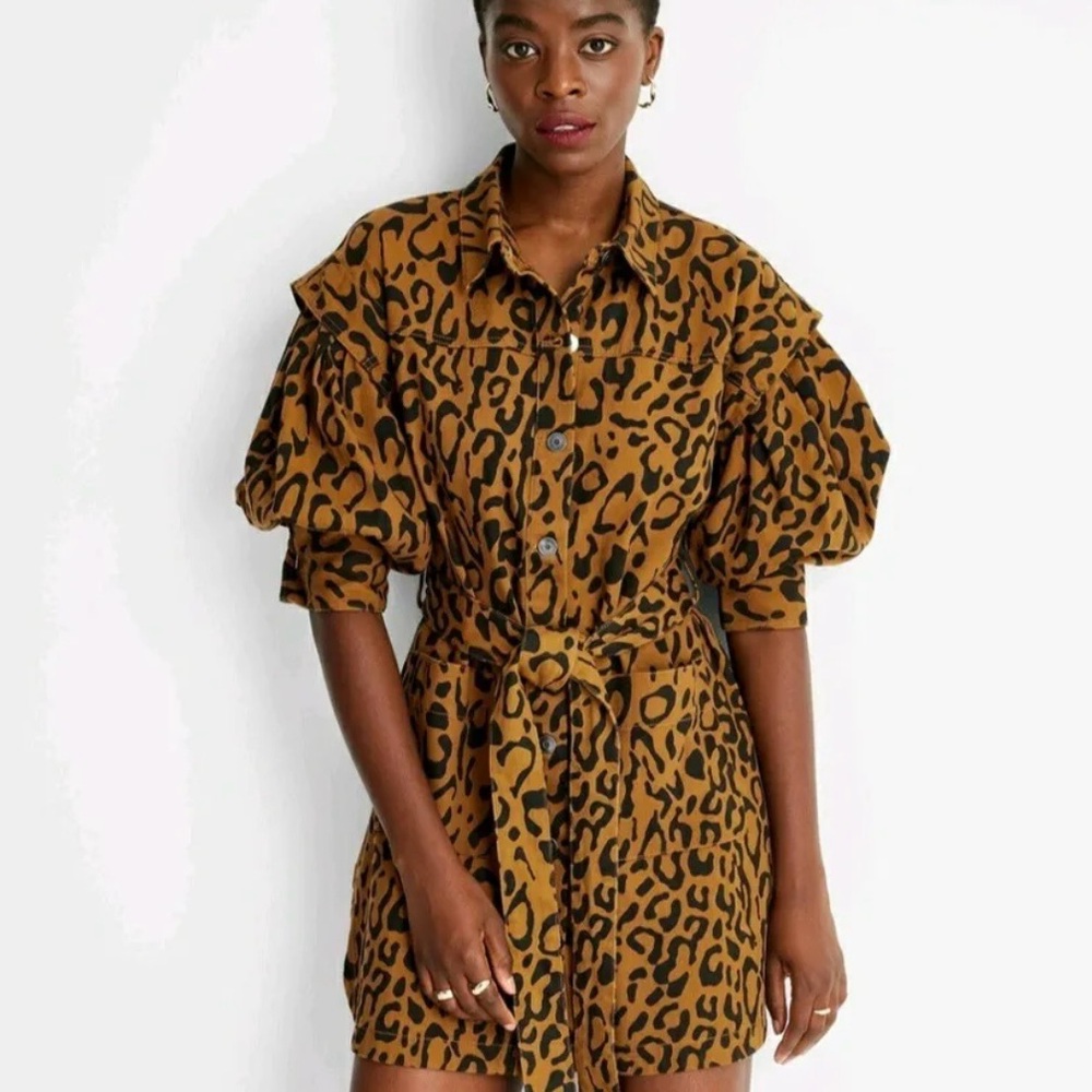 TARGET x Kahlana Barfield Brown Leopard Print LS Utility Denim A-Line Dress